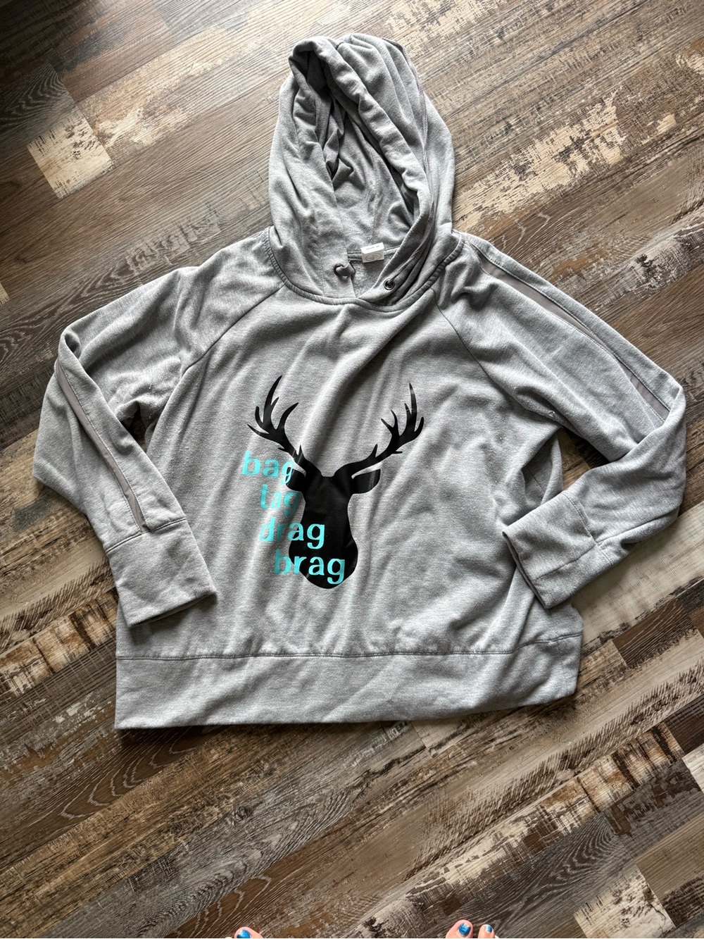 Athletic Works Gray Hooded Sweatshirt with Black Deer & Teal Text